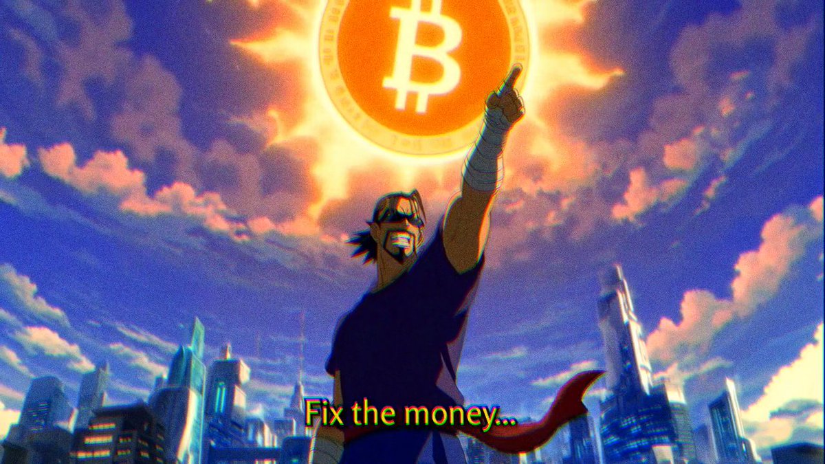 An animated hero raises a glowing Bitcoin above a futuristic city.