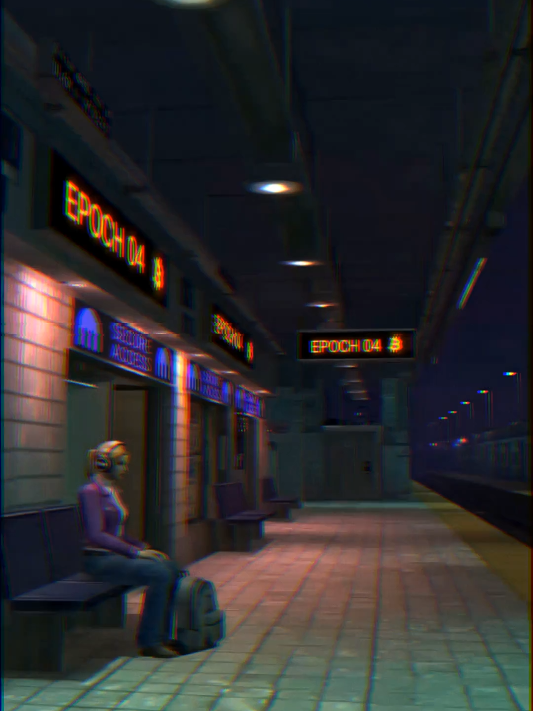 A moody night-time train platform lit by warm neon.