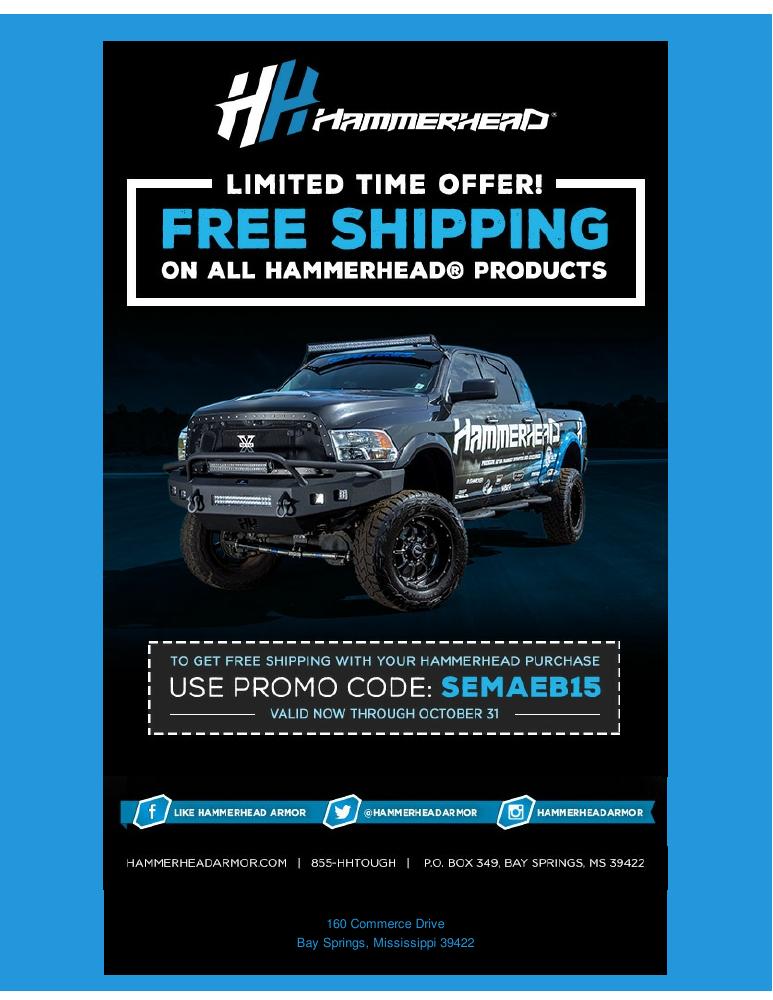 Hammerhead Armor SEMA 2015 free-shipping promotional artwork.